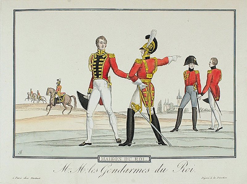 Messieurs les Gendarmes du Roi, Maison du Roi 1814, gravure du temps publiée chez Martinet, Restauration